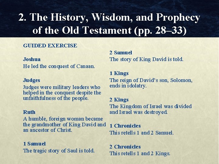 2. The History, Wisdom, and Prophecy of the Old Testament (pp. 28– 33) GUIDED