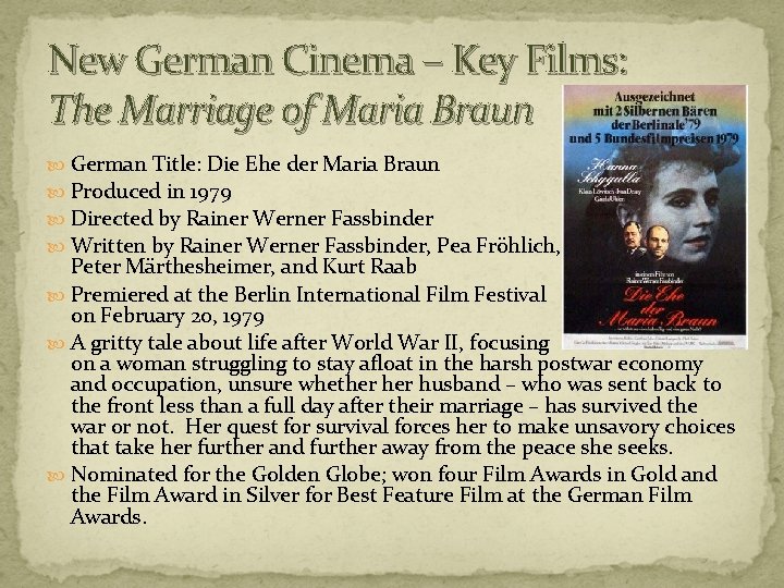 New German Cinema – Key Films: The Marriage of Maria Braun German Title: Die
