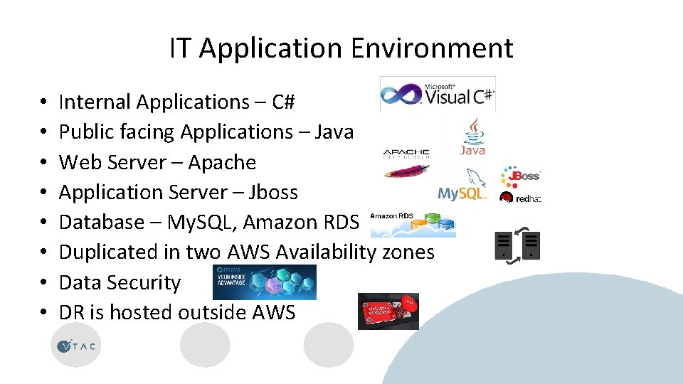 IT Application Environment • • Internal Applications – C# Public facing Applications – Java