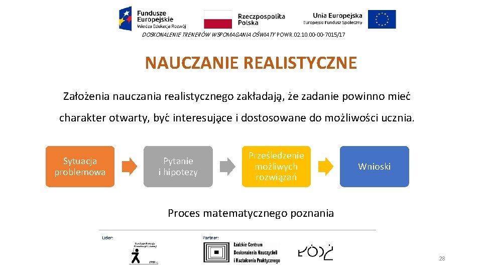 DOSKONALENIE TRENERÓW WSPOMAGANIA OŚWIATY POWR. 02. 10. 00 -00 -7015/17 NAUCZANIE REALISTYCZNE Załoz enia DOSKONALENIE TRENERÓW WSPOMAGANIA OŚWIATY POWR. 02. 10. 00 -00 -7015/17 NAUCZANIE REALISTYCZNE Załoz enia