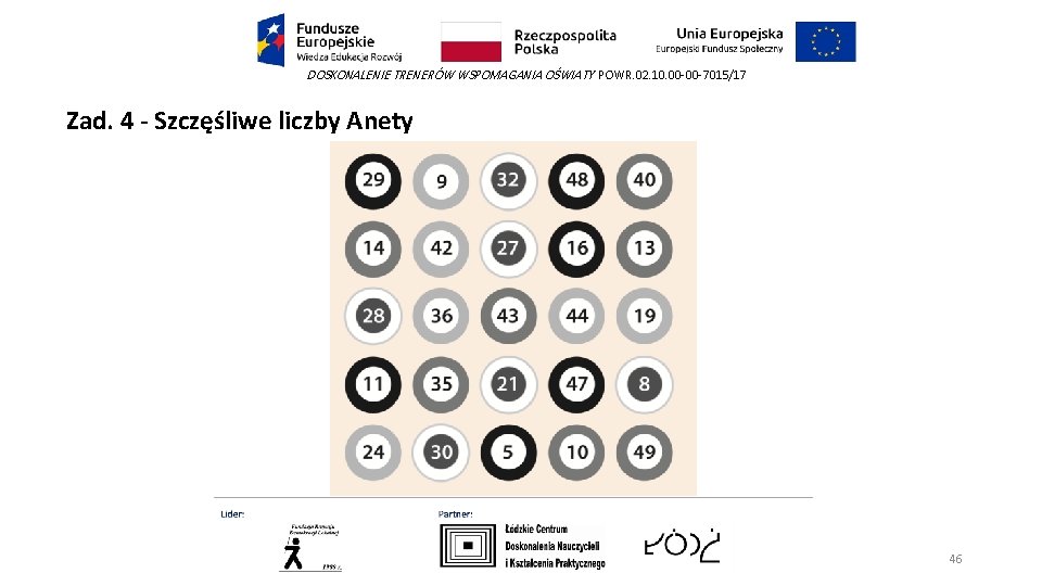 DOSKONALENIE TRENERÓW WSPOMAGANIA OŚWIATY POWR. 02. 10. 00 -00 -7015/17 Zad. 4 - Szczęśliwe