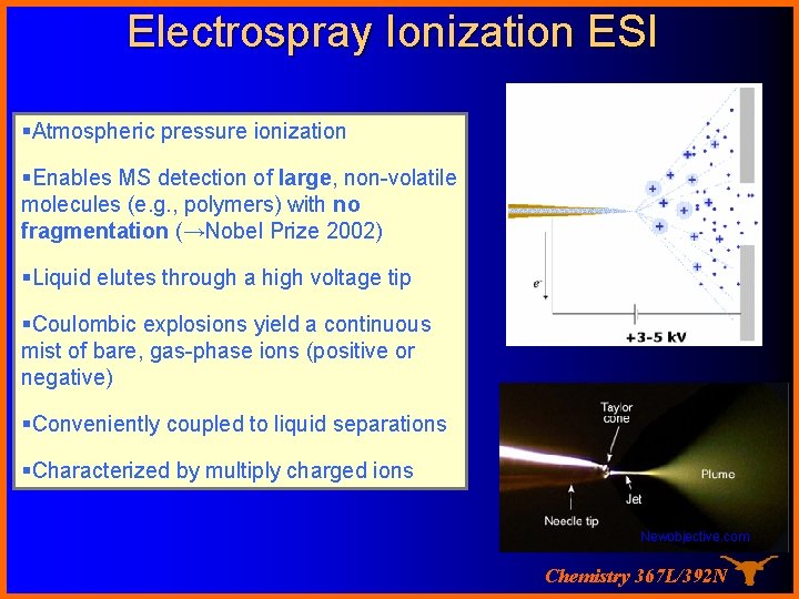 Electrospray Ionization ESI §Atmospheric pressure ionization §Enables MS detection of large, non-volatile molecules (e.