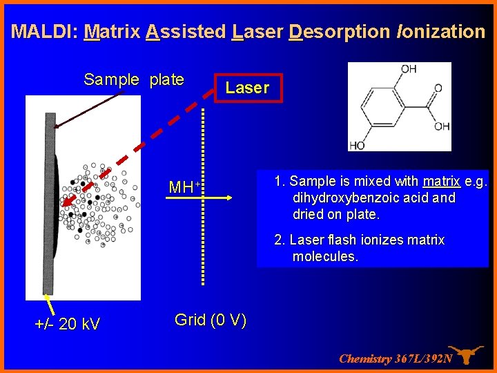 MALDI: Matrix Assisted Laser Desorption Ionization Sample plate Laser hn MH+ 1. Sample is