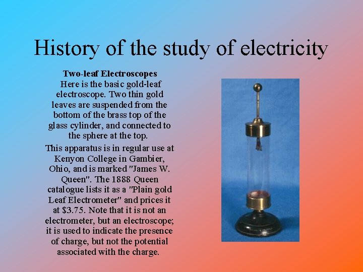 History of the study of electricity Two-leaf Electroscopes Here is the basic gold-leaf electroscope.