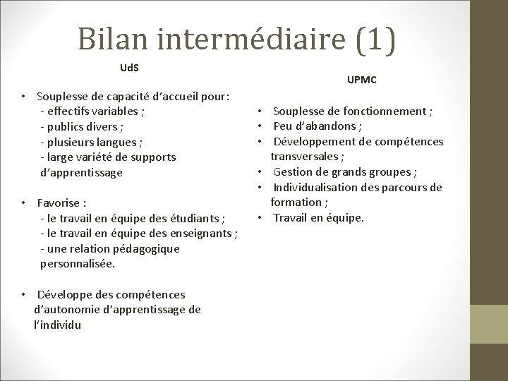 Bilan intermédiaire (1) Ud. S • Souplesse de capacité d’accueil pour: - effectifs variables