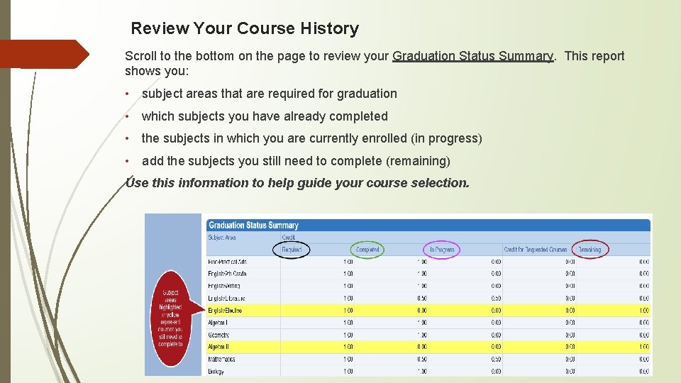 Review Your Course History Scroll to the bottom on the page to review your
