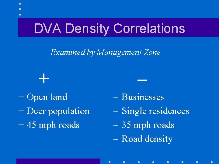 DVA Density Correlations Examined by Management Zone + + Open land + Deer population