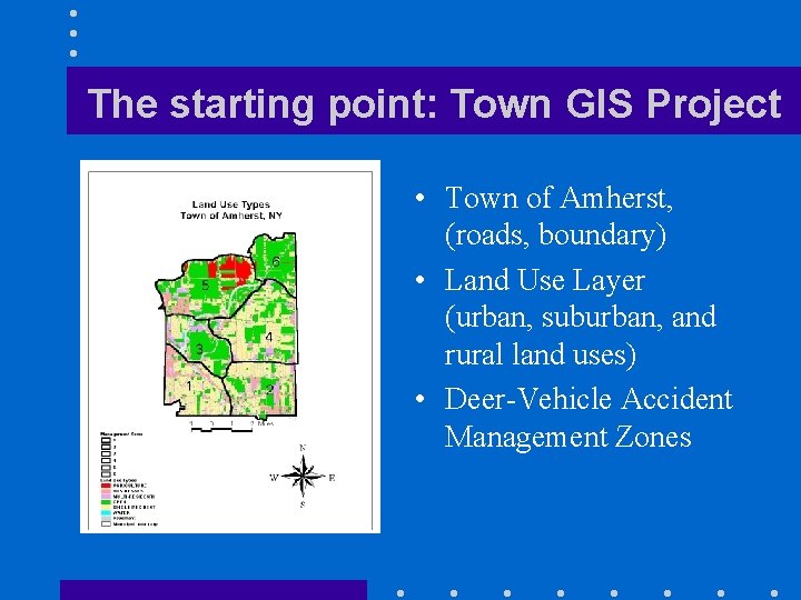 The starting point: Town GIS Project • Town of Amherst, (roads, boundary) • Land