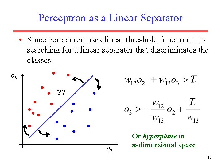 Perceptron as a Linear Separator • Since perceptron uses linear threshold function, it is