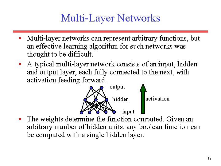 Multi-Layer Networks • Multi-layer networks can represent arbitrary functions, but an effective learning algorithm