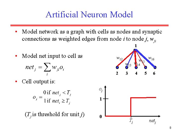 Artificial Neuron Model • Model network as a graph with cells as nodes and