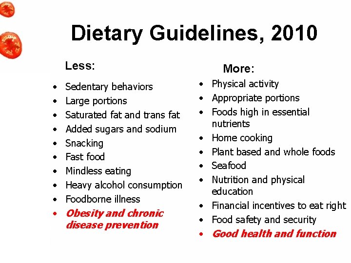 Dietary Guidelines, 2010 Less: • • • Sedentary behaviors Large portions Saturated fat and