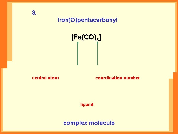 3. Iron(O)pentacarbonyl [Fe(CO)5] central atom coordination number ligand complex molecule 