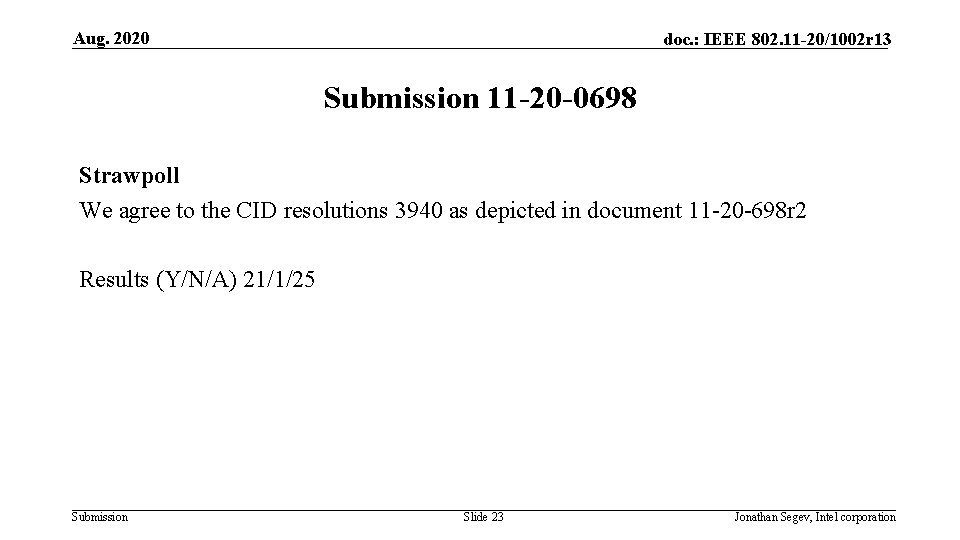 Aug. 2020 doc. : IEEE 802. 11 -20/1002 r 13 Submission 11 -20 -0698