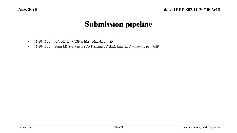 Aug. 2020 doc. : IEEE 802. 11 -20/1002 r 13 Submission pipeline • •