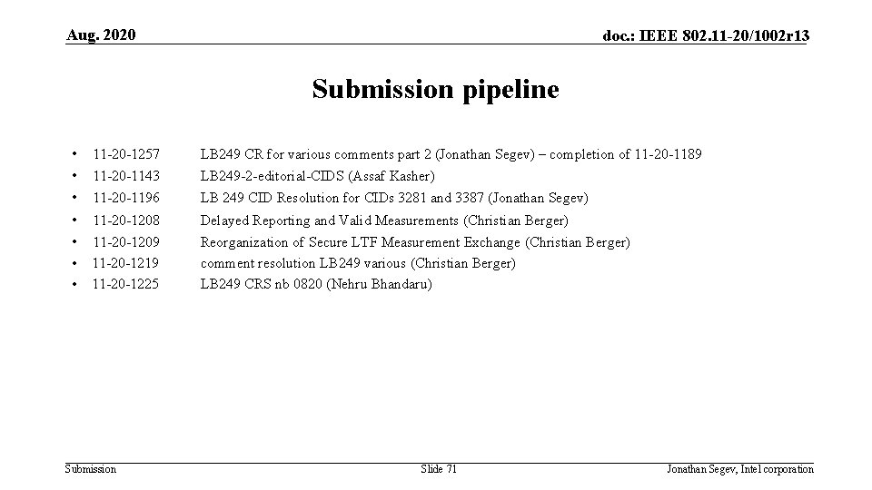 Aug. 2020 doc. : IEEE 802. 11 -20/1002 r 13 Submission pipeline • 11