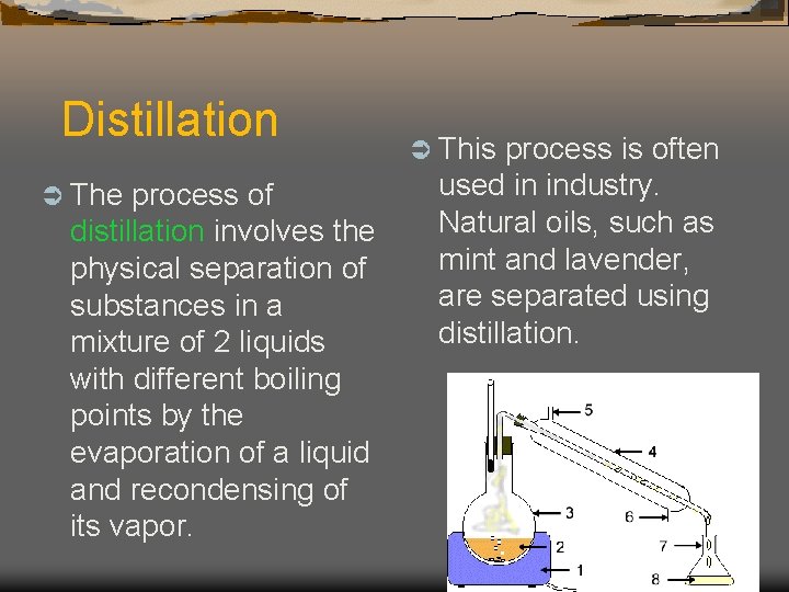 Distillation Ü The process of distillation involves the physical separation of substances in a