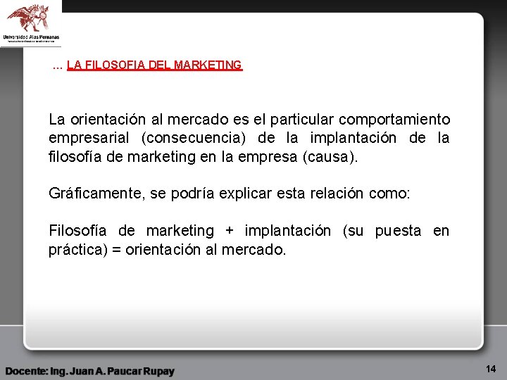 … LA FILOSOFIA DEL MARKETING La orientación al mercado es el particular comportamiento empresarial