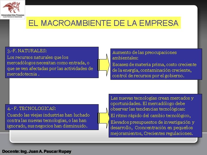 EL MACROAMBIENTE DE LA EMPRESA 3. -F. NATURALES: Los recursos naturales que los mercadólogos