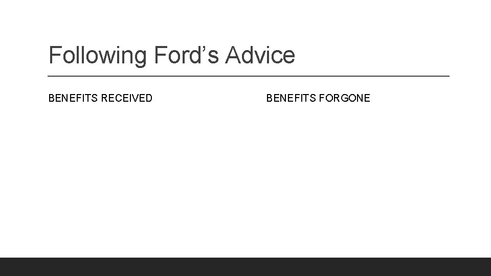 Following Ford’s Advice BENEFITS RECEIVED BENEFITS FORGONE 