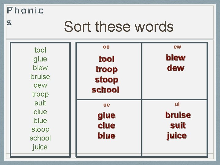 Sort these words tool glue blew bruise dew troop suit clue blue stoop school