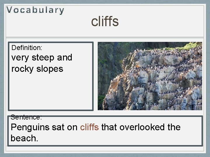 cliffs Definition: very steep and rocky slopes Sentence: Penguins sat on cliffs that overlooked