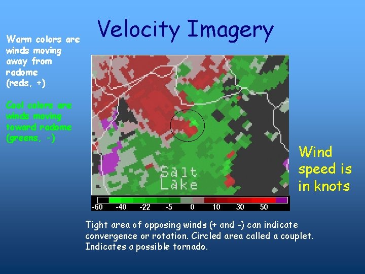 Warm colors are winds moving away from radome (reds, +) Cool colors are winds