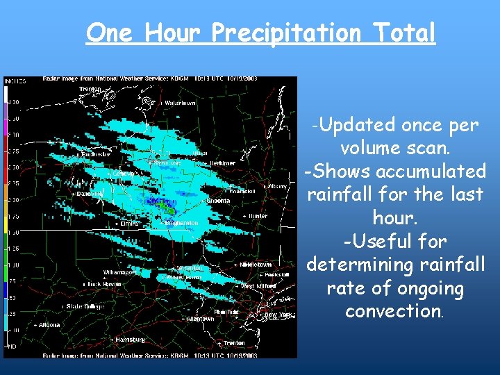 One Hour Precipitation Total -Updated once per volume scan. -Shows accumulated rainfall for the