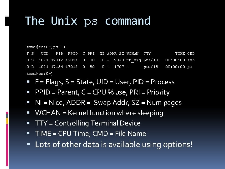 The Unix ps command tami@cs: 0~]ps -l F S UID PPID C PRI NI
