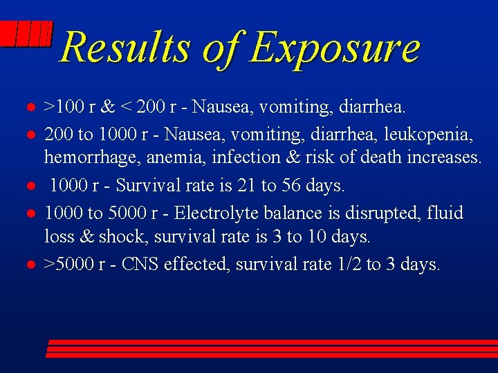 Results of Exposure l l l >100 r & < 200 r - Nausea,