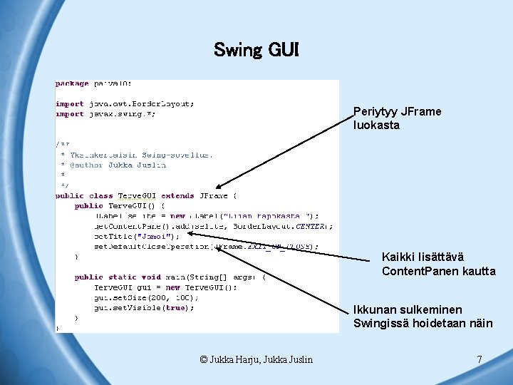 Swing GUI Periytyy JFrame luokasta Kaikki lisättävä Content. Panen kautta Ikkunan sulkeminen Swingissä hoidetaan