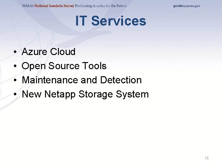 IT Services • • Azure Cloud Open Source Tools Maintenance and Detection New Netapp