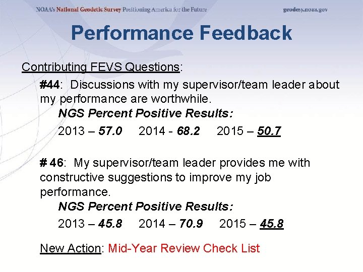 Performance Feedback Contributing FEVS Questions: #44: Discussions with my supervisor/team leader about my performance