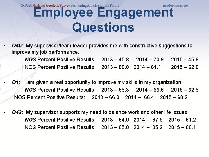 Employee Engagement Questions • Q 46: My supervisor/team leader provides me with constructive suggestions