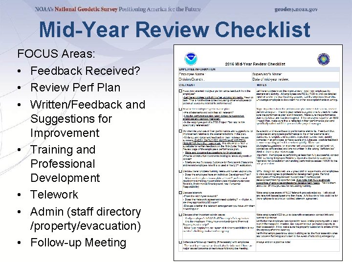 Mid-Year Review Checklist FOCUS Areas: • Feedback Received? • Review Perf Plan • Written/Feedback