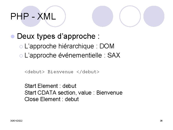 PHP - XML l Deux types d’approche : ¡ L’approche hiérarchique : DOM ¡