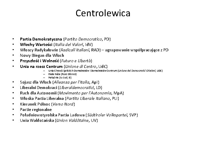 Centrolewica • • • Partia Demokratyczna (Partito Democratico, PD) Włochy Wartości (Italia dei Valori,