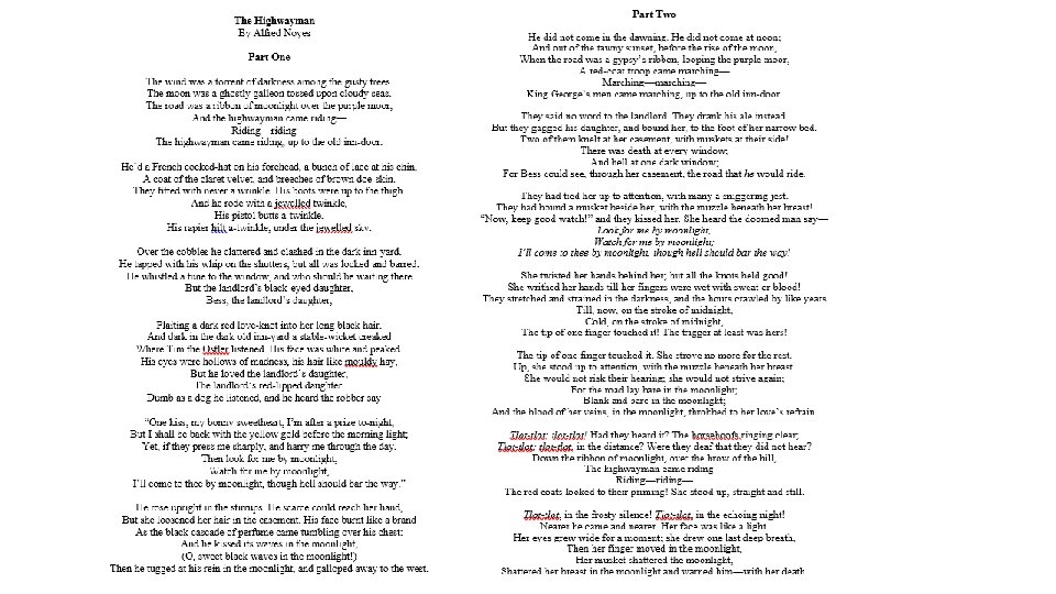 The Highwayman Test Style questions 1 Put these