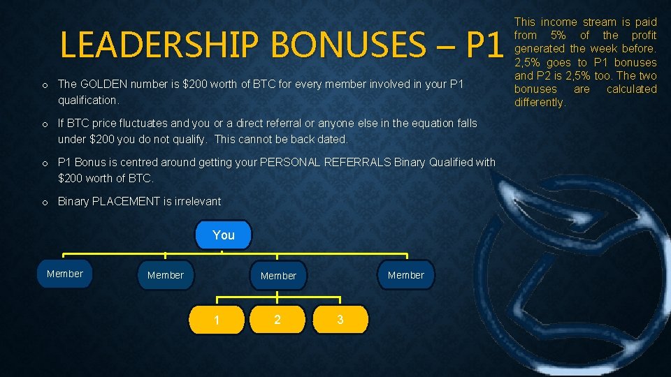 LEADERSHIP BONUSES – P 1 o The GOLDEN number is $200 worth of BTC