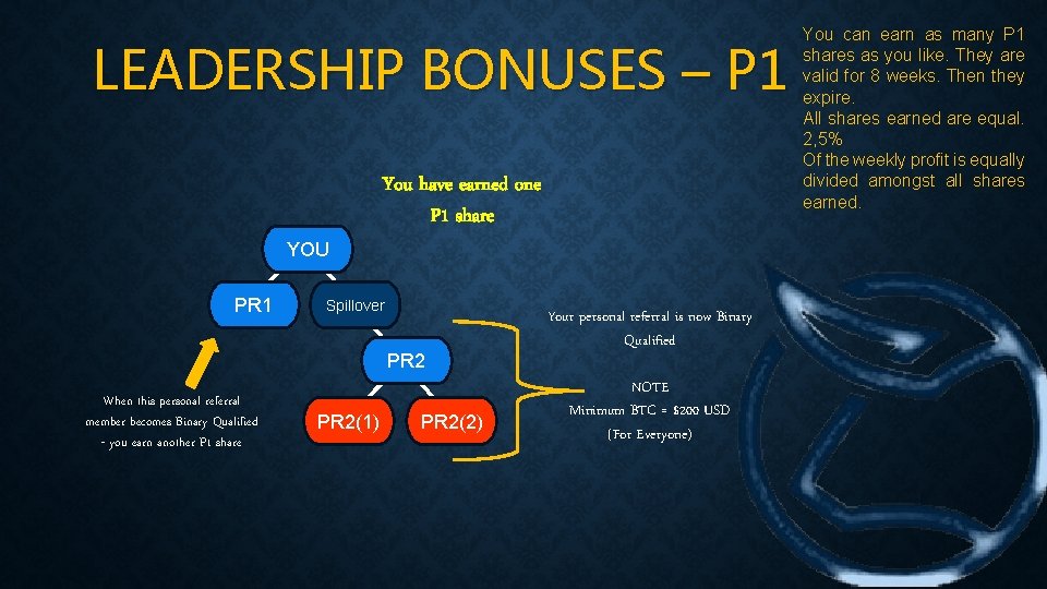 LEADERSHIP BONUSES – P 1 You have earned one P 1 share YOU PR