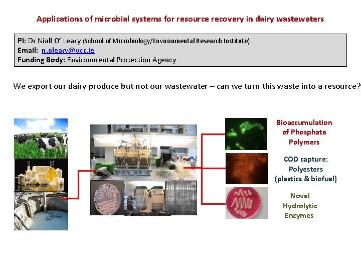 Applications of microbial systems for resource recovery in dairy wastewaters PI: Dr Niall O’