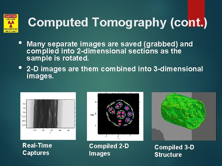 Computed Tomography (cont. ) • • Many separate images are saved (grabbed) and complied