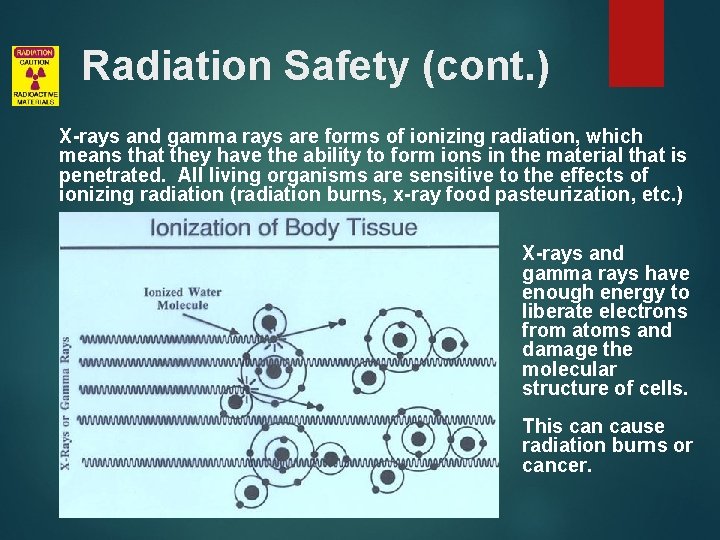 Radiation Safety (cont. ) X-rays and gamma rays are forms of ionizing radiation, which