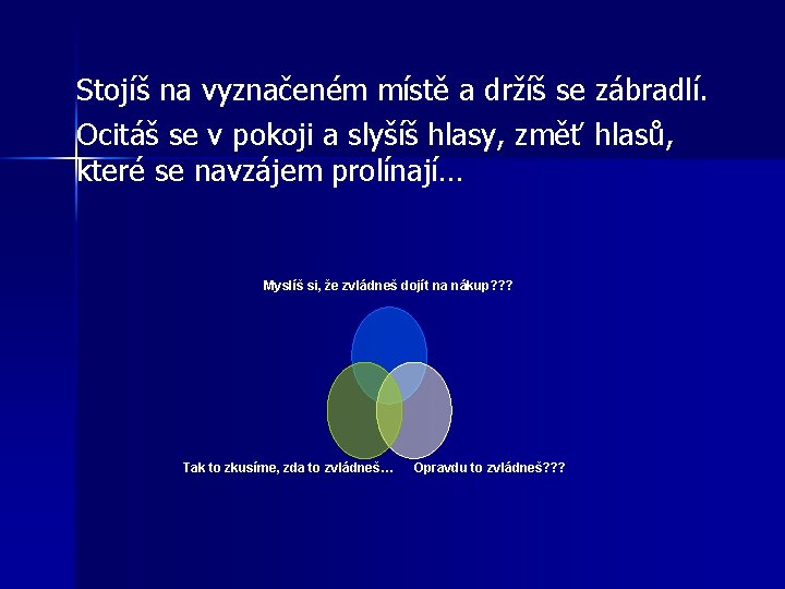 Stojíš na vyznačeném místě a držíš se zábradlí. Ocitáš se v pokoji a slyšíš