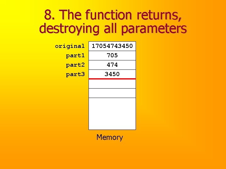8. The function returns, destroying all parameters original part 1 part 2 part 3