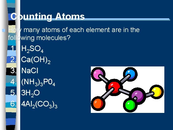 Counting Atoms n How many atoms of each element are in the following molecules?