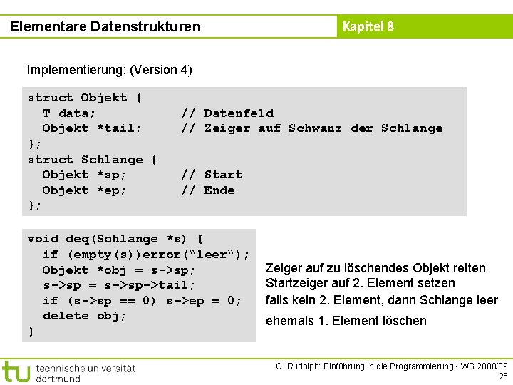 Elementare Datenstrukturen Kapitel 8 Implementierung: (Version 4) struct Objekt { T data; Objekt *tail;