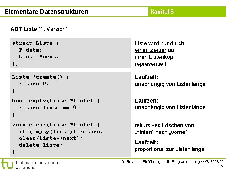 Elementare Datenstrukturen Kapitel 8 ADT Liste (1. Version) struct Liste { T data; Liste