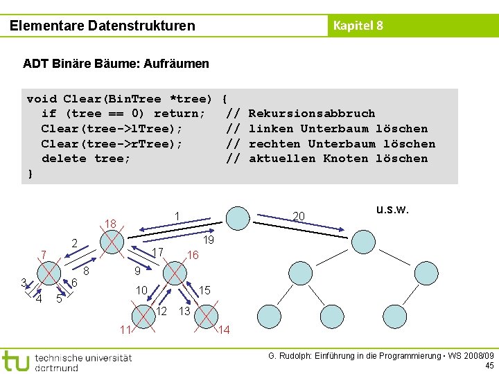 Kapitel 8 Elementare Datenstrukturen ADT Binäre Bäume: Aufräumen void Clear(Bin. Tree *tree) if (tree