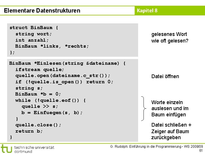 Kapitel 8 Elementare Datenstrukturen struct Bin. Baum { string wort; int anzahl; Bin. Baum